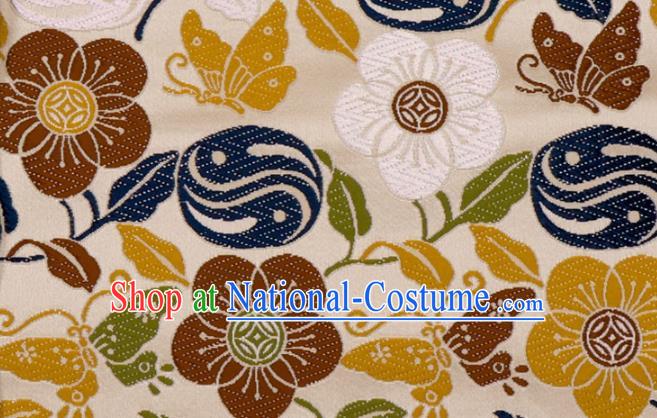 Japanese Traditional Butterfly Plum Pattern Design Brocade Nishijin Tapestry Satin Asian Kimono Beige Cloth Fabric