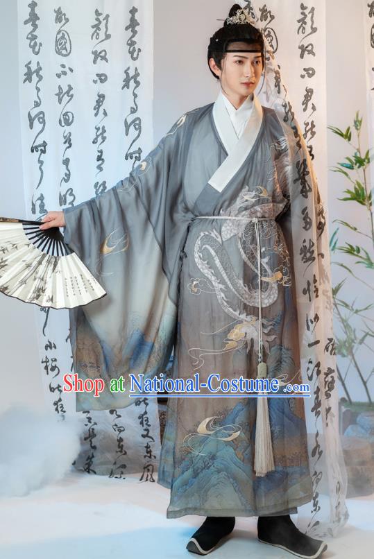 Ancient China Swordsman Embroidered Costumes Traditional Ming Dynasty Noble Childe Hanfu Clothing Grey Robe for Men