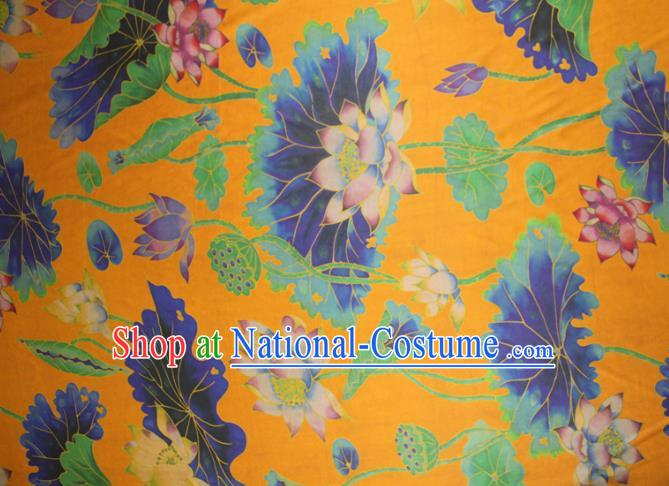 Chinese Classical Lotus Pattern Yellow Silk Drapery Traditional Gambiered Guangdong Gauze Cheongsam Satin Fabric