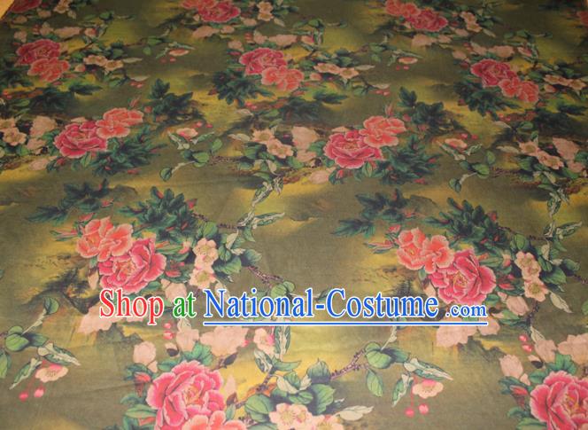 Chinese Classical Peach Blossom Peony Pattern Silk Drapery Traditional Gambiered Guangdong Gauze Cheongsam Green Satin Fabric