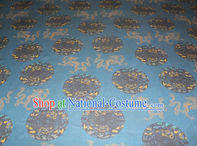 Chinese Classical Round Dragon Pattern Silk Drapery Traditional Gambiered Guangdong Gauze Cheongsam Blue Satin Fabric