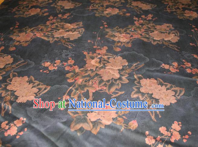 Chinese Classical Plum Peony Pattern Silk Drapery Traditional Gambiered Guangdong Gauze Cheongsam Black Satin Fabric