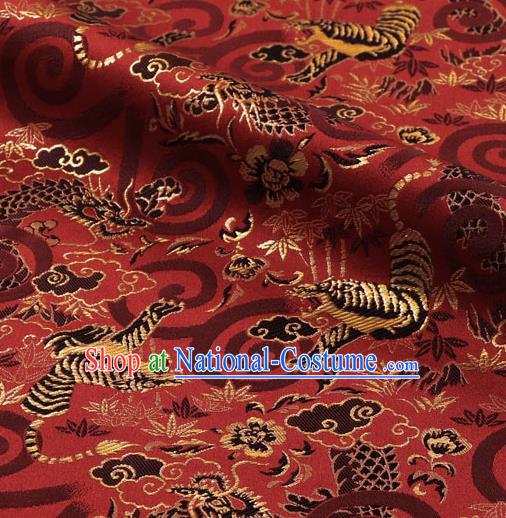 Asian Japanese Nishijin Tapestry Satin Kimono Cloth Fabric Traditional Dragon Tiger Pattern Design Red Brocade