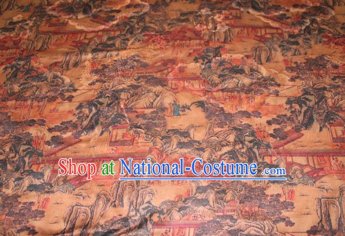 Chinese Classical Landscape Pattern Silk Drapery Traditional Gambiered Guangdong Gauze Cheongsam Ginger Satin Fabric