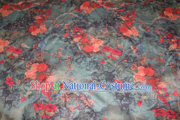 Chinese Classical Peony Plum Pattern Silk Drapery Traditional Gambiered Guangdong Gauze Cheongsam Green Satin Fabric