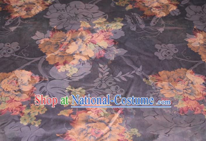 Chinese Classical Peony Pattern Silk Drapery Traditional Gambiered Guangdong Gauze Cheongsam Black Satin Fabric