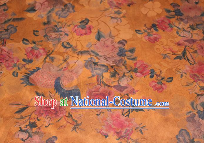 Chinese Classical Crane Peony Pattern Silk Drapery Traditional Gambiered Guangdong Gauze Cheongsam Yellow Satin Fabric