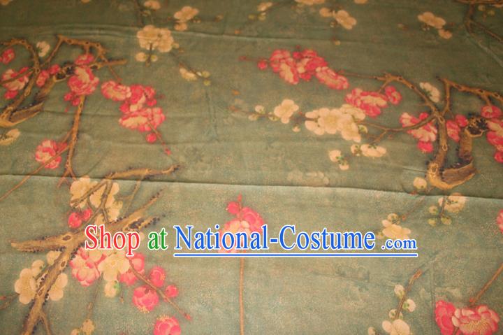 Chinese Traditional Cheongsam Gambiered Guangdong Gauze Fabric Classical Plum Blossom Pattern Olive Green Silk Drapery