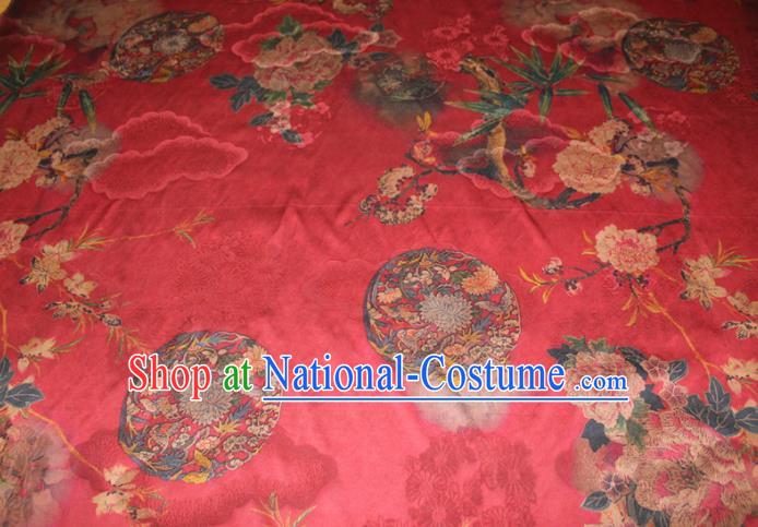 Chinese Classical Peony Chrysanthemum Pattern Silk Drapery Traditional Gambiered Guangdong Gauze Cheongsam Red Satin Fabric