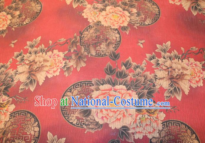 Chinese Classical Peony Pattern Silk Drapery Traditional Gambiered Guangdong Gauze Cheongsam Red Satin Fabric