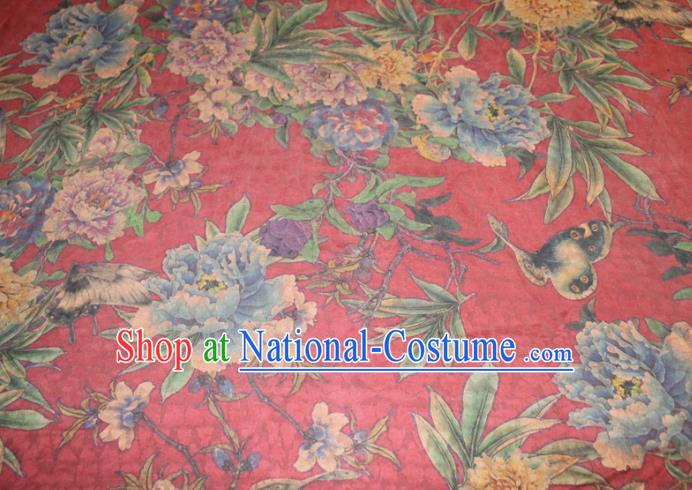 Chinese Classical Peony Butterfly Pattern Silk Drapery Traditional Gambiered Guangdong Gauze Cheongsam Red Satin Fabric