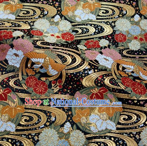 Asian Traditional Sakura Pattern Design Black Brocade Japanese Kimono Cloth Fabric Nishijin Tapestry Satin