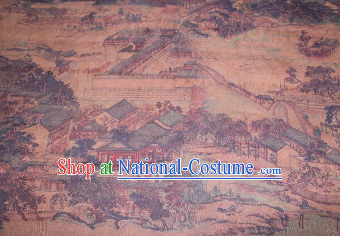 Chinese Cheongsam Ginger Satin Fabric Traditional Ginger Gambiered Guangdong Gauze Classical Scenery Pattern Silk Drapery