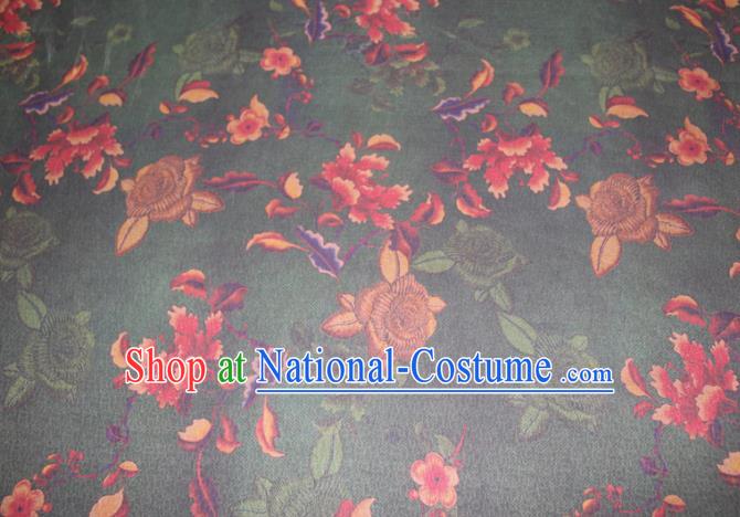 Chinese Cheongsam Deep Green Satin Fabric Traditional Ginger Gambiered Guangdong Gauze Classical Rose Pattern Silk Drapery