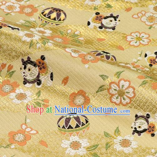 Asian Japanese Traditional Dog Pattern Design Yellow Brocade Kimono Fabric Nishijin Tapestry Satin