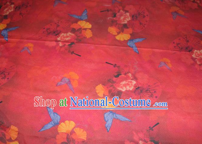 Chinese Traditional Red Gambiered Guangdong Gauze Cheongsam Satin Fabric Classical Ginkgo Leaf Butterfly Pattern Silk Drapery