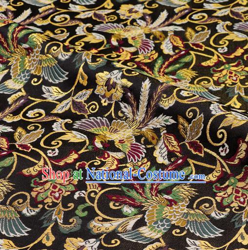 Asian Kimono Cloth Fabric Japanese Nishijin Tapestry Satin Traditional Phoenix Pattern Design Black Brocade