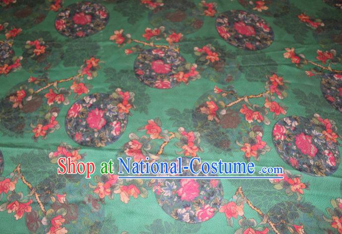 Chinese Traditional Green Gambiered Guangdong Gauze Cheongsam Satin Fabric Classical Rose Flowers Pattern Silk Drapery