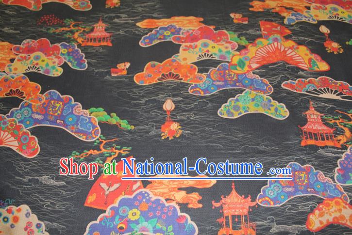 Chinese Traditional Black Gambiered Guangdong Gauze Cheongsam Satin Fabric Classical Palace Fan Pattern Silk Drapery