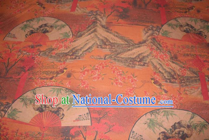 Chinese Cheongsam Orange Satin Fabric Traditional Gambiered Guangdong Gauze Classical Peach Blossom Fan Pattern Silk Drapery