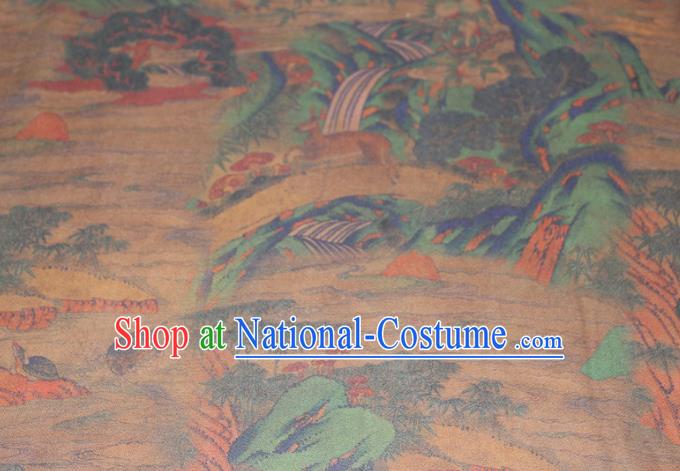 Chinese Cheongsam Ginger Satin Fabric Traditional Gambiered Guangdong Gauze Classical Landscape Pattern Silk Drapery