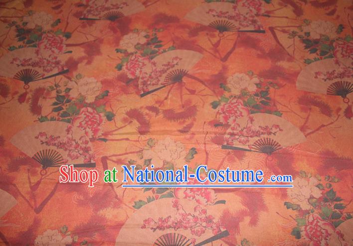 Chinese Cheongsam Orange Satin Fabric Traditional Gambiered Guangdong Gauze Classical Peony Fan Pattern Silk Drapery