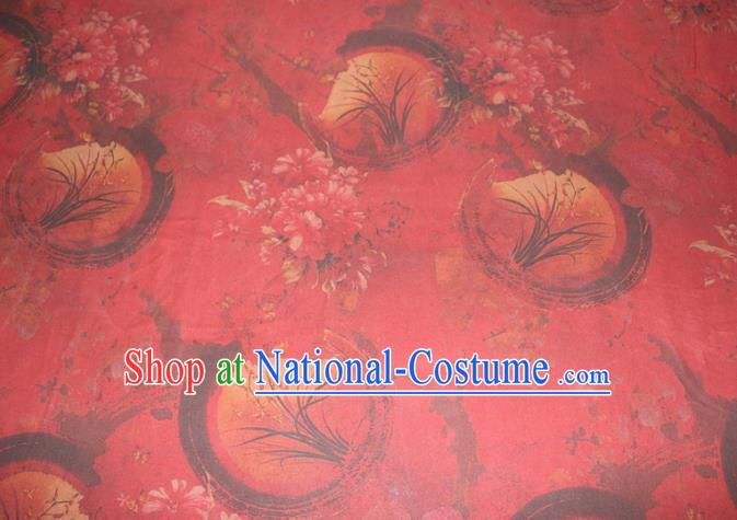 Chinese Cheongsam Satin Fabric Traditional Gambiered Guangdong Gauze Classical Orchids Peony Pattern Red Silk Drapery