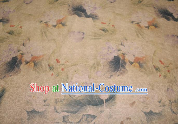 Chinese Cheongsam Beige Satin Fabric Traditional Gambiered Guangdong Gauze Classical Lotus Pattern Silk Drapery