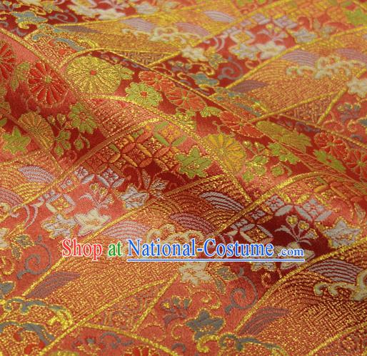 Asian Japanese Nishijin Red Tapestry Satin Traditional Chrysanthemum Pattern Design Brocade Kimono Fabric