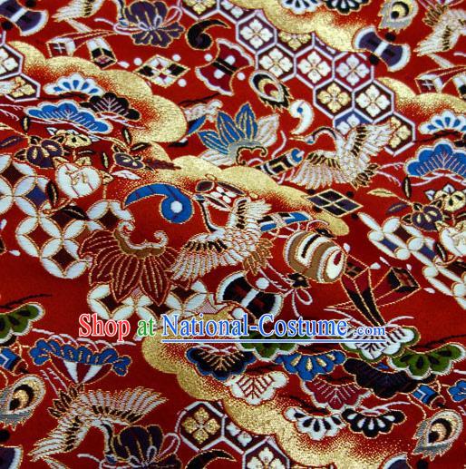 Asian Japanese Nishijin Tapestry Satin Kimono Fabric Traditional Crane Pattern Design Red Brocade