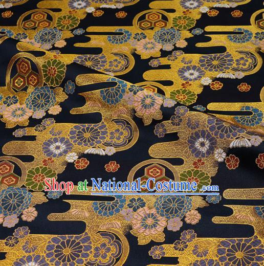 Asian Kimono Cloth Fabric Traditional Chrysanthemum Pattern Design Black Brocade Japanese Nishijin Tapestry Satin