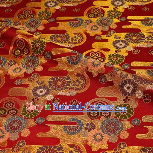 Asian Traditional Chrysanthemum Pattern Design Red Brocade Japanese Kimono Cloth Fabric Nishijin Tapestry Satin