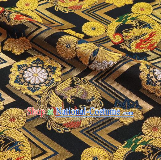 Asian Traditional Dragon Chrysanthemum Pattern Design Brocade Japanese Kimono Cloth Fabric Nishijin Black Tapestry Satin