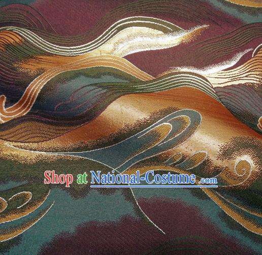 Asian Purple Cloth Fabric Traditional Wave Pattern Design Brocade Japanese Kimono Nishijin Tapestry Satin