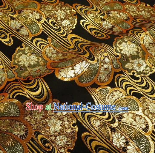 Asian Traditional Flow Sakura Pattern Design Black Brocade Japanese Cloth Fabric Kimono Nishijin Tapestry Satin