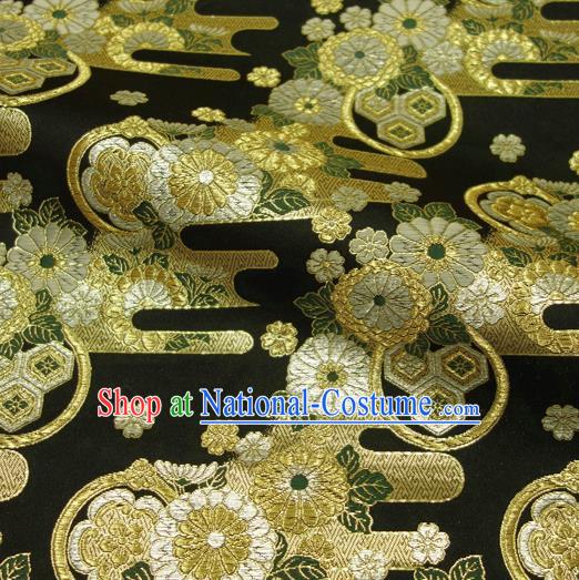 Asian Kimono Nishijin Tapestry Satin Traditional Chrysanthemum Pattern Design Black Brocade Japanese Cloth Fabric