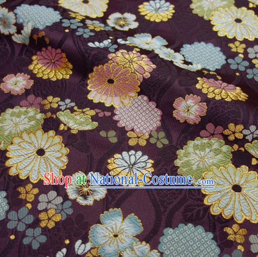 Asian Traditional Chrysanthemum Pattern Design Brocade Japanese Cloth Kimono Purple Damask Nishijin Tapestry Satin Fabric