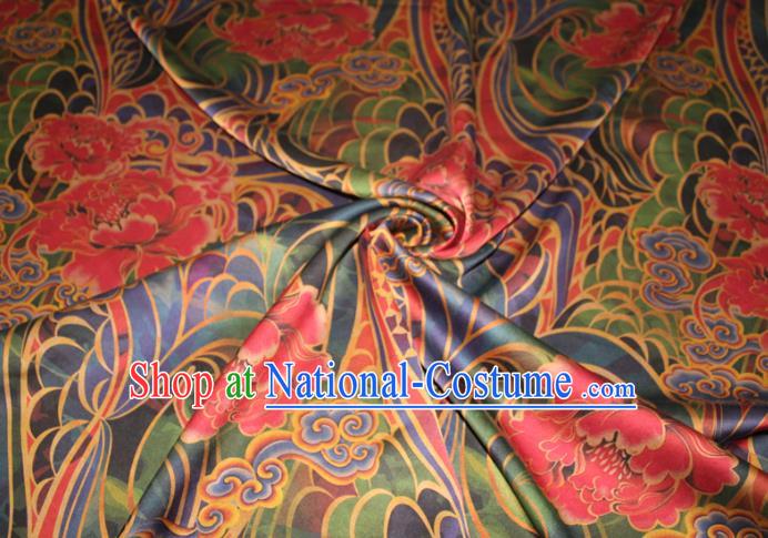 Chinese Traditional Satin Fabric Cheongsam Gambiered Guangdong Gauze Classical Flowers Pattern Green Silk Drapery