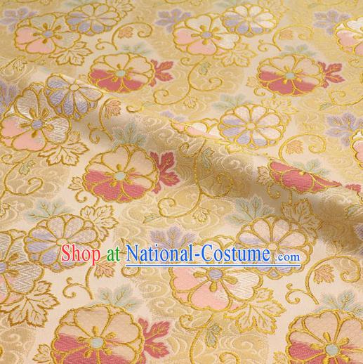 Asian Japanese Yellow Nishijin Tapestry Satin Traditional Sakura Pattern Design Brocade Kimono Cloth Fabric