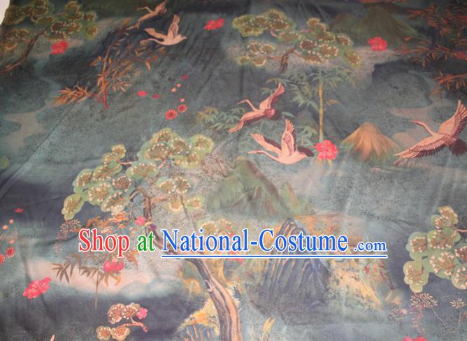 Chinese Classical Pine Cranes Pattern Silk Drapery Deep Green Gambiered Guangdong Gauze Traditional Cheongsam Fabric