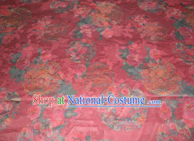 Chinese Traditional Red Gambiered Guangdong Gauze Cheongsam Satin Fabric Classical Dragon Peony Pattern Silk Drapery