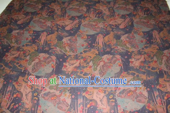 Chinese Traditional Gambiered Guangdong Gauze Cheongsam Satin Fabric Classical Plum Fan Dragon Pattern Navy Silk Drapery