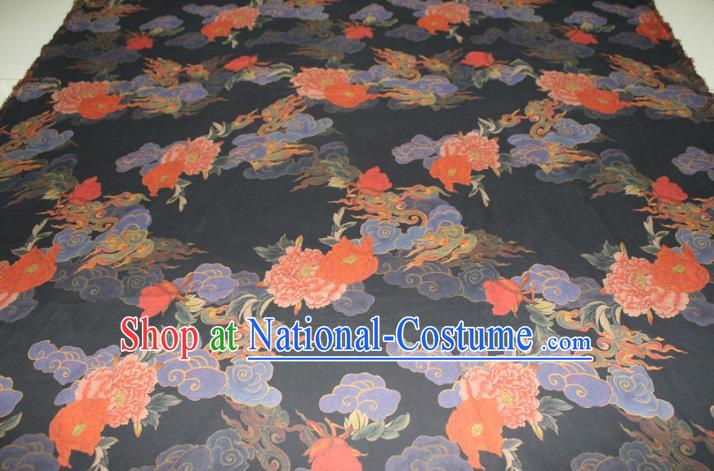 Chinese Traditional Black Gambiered Guangdong Gauze Cheongsam Satin Fabric Classical Cloud Peony Pattern Silk Drapery