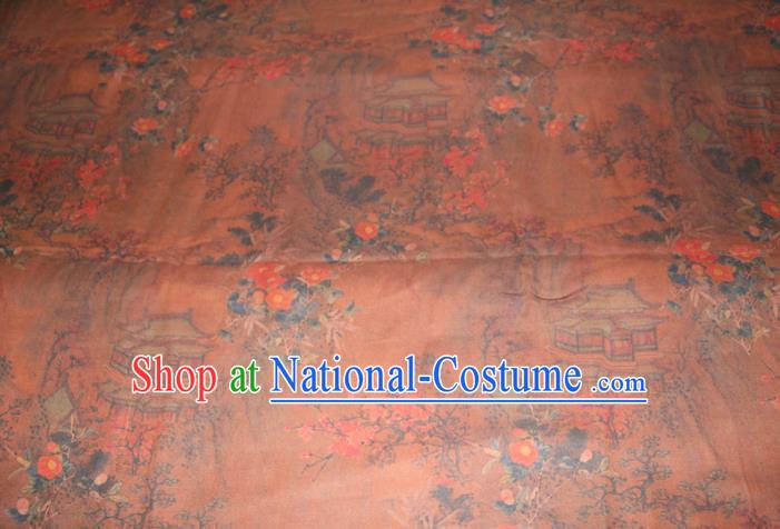 Chinese Traditional Ginger Gambiered Guangdong Gauze Cheongsam Satin Fabric Classical Plum Pavilion Pattern Silk Drapery