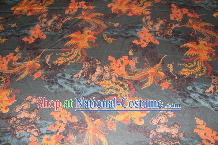 Chinese Traditional Dark Green Gambiered Guangdong Gauze Cheongsam Satin Fabric Classical Phoenix Pattern Silk Drapery