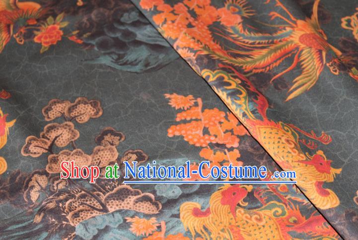 Chinese Traditional Dark Green Gambiered Guangdong Gauze Cheongsam Satin Fabric Classical Phoenix Pattern Silk Drapery