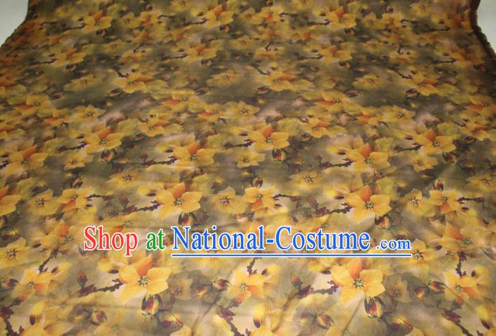 Chinese Traditional Olive Green Gambiered Guangdong Gauze Cheongsam Satin Fabric Classical Yellow Flowers Pattern Silk Drapery