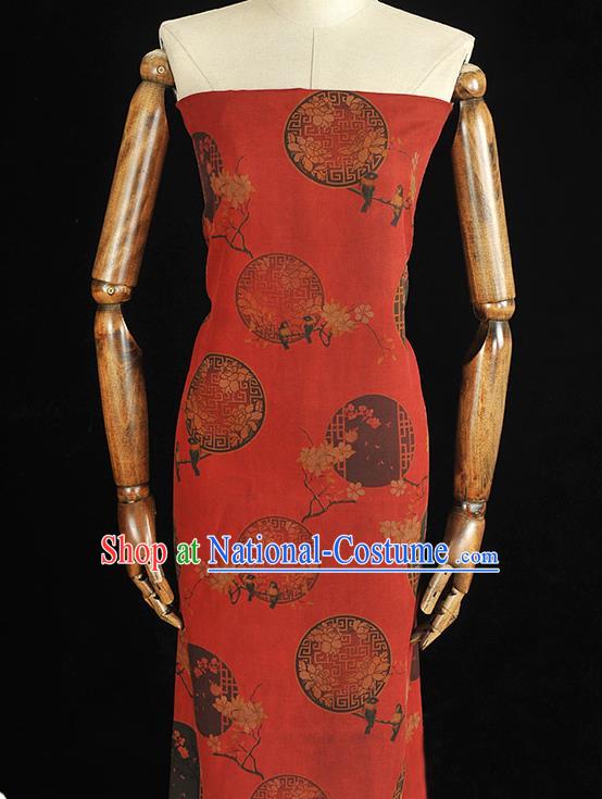 Chinese Classical Window Lattice Pattern Silk Drapery Traditional Gambiered Guangdong Gauze Cheongsam Red Satin Fabric