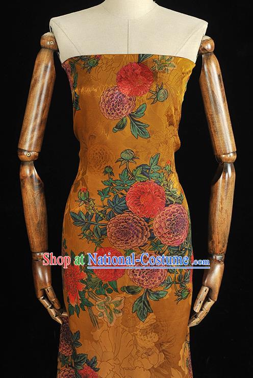 Chinese Classical Chrysanthemum Pattern Silk Drapery Traditional Gambiered Guangdong Gauze Cheongsam Golden Jacquard Satin Fabric