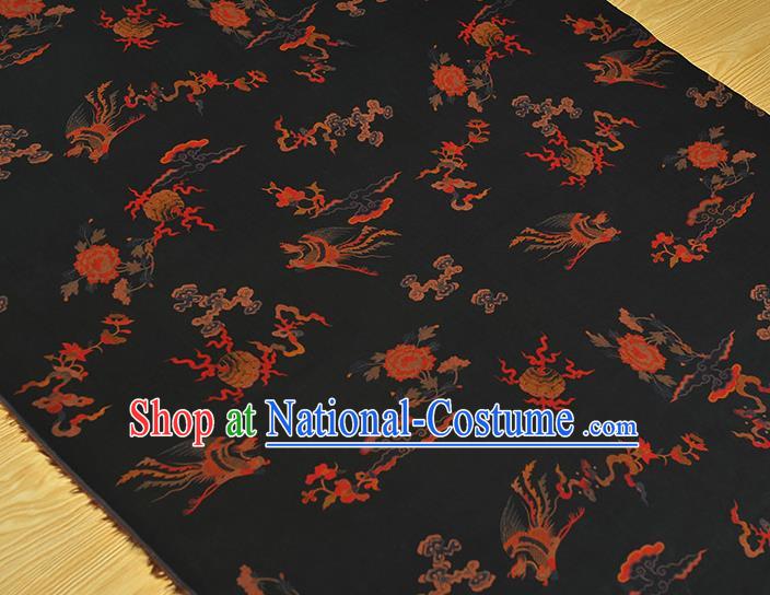 Chinese Classical Phoenix Peony Pattern Silk Drapery Traditional Gambiered Guangdong Gauze Cheongsam Black Silk Fabric